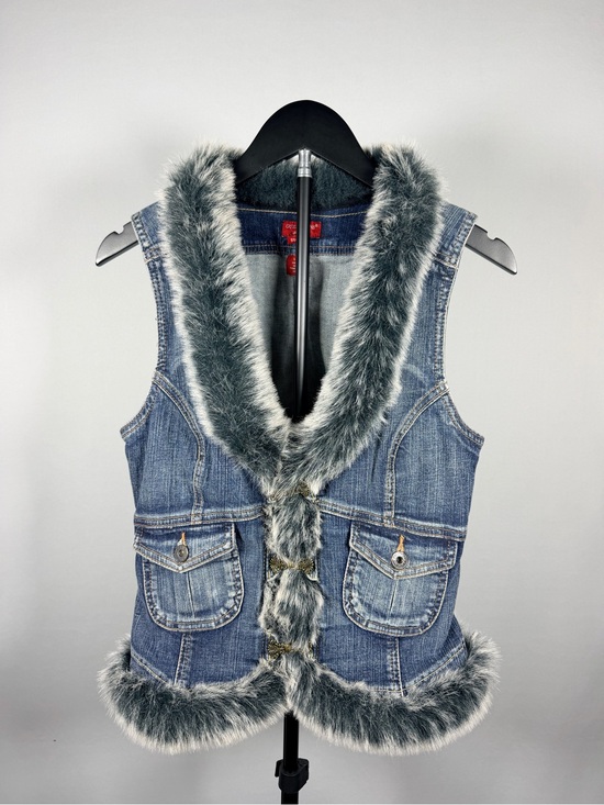 Guess Jackets & Blazers - Guess Blue Denim Vest with Gray Faux Fur Trim